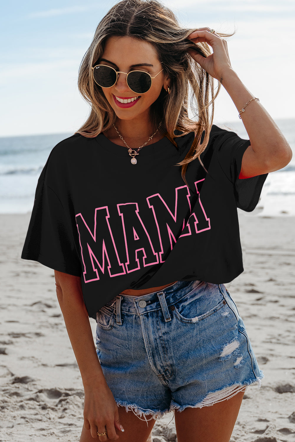 Bright Pink MAMA Letter Graphic Neon T Shirt