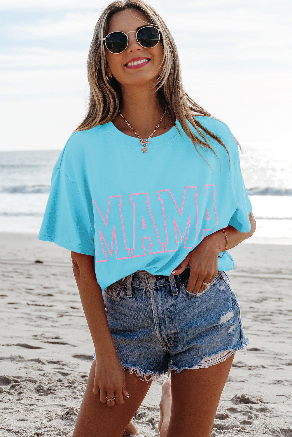 Bright Pink MAMA Letter Graphic Neon T Shirt