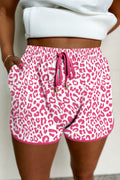 Pink Leopard Elastic Waistband Lace up Contrast Trim Casual Shorts