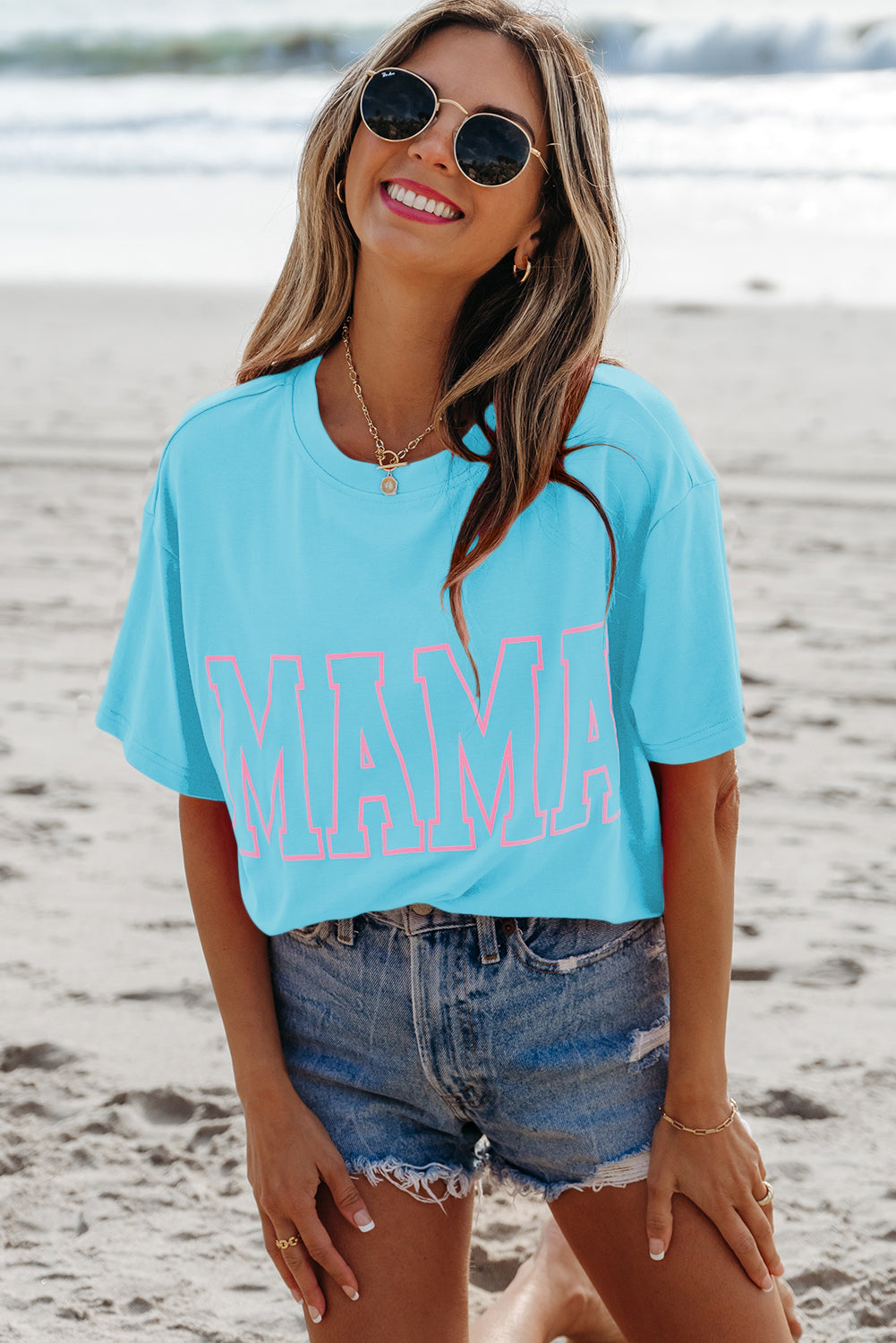Bright Pink MAMA Letter Graphic Neon T Shirt