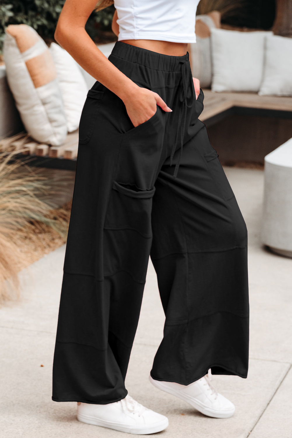 Bonbon Mineral Wash Exposed Seam Drawstring Elastic Waistband Wide Leg Cargo Pants