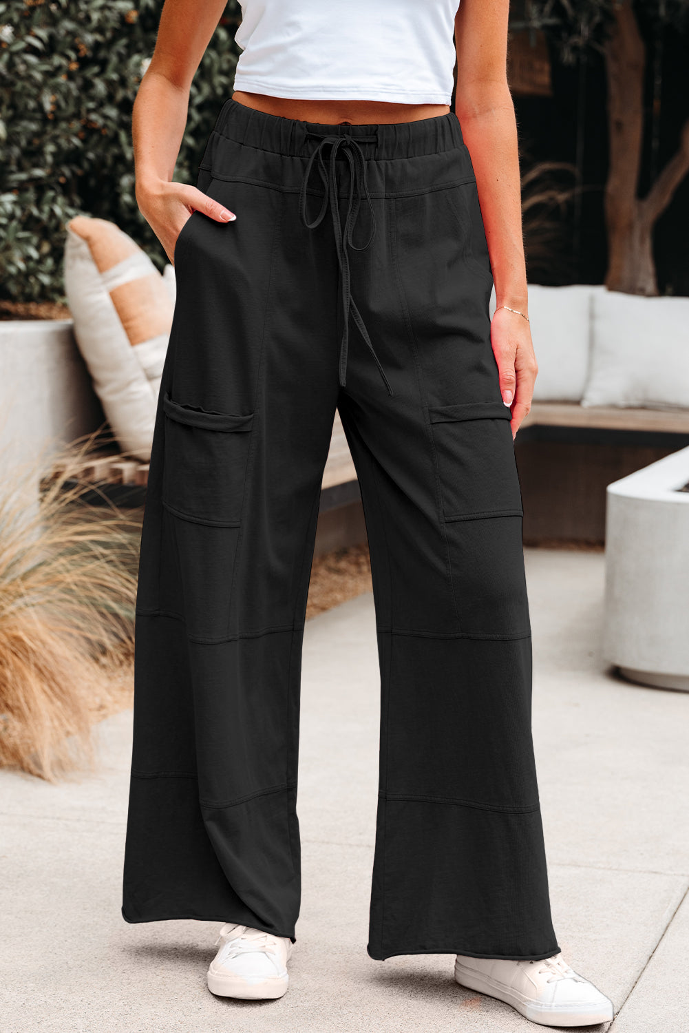 Bonbon Mineral Wash Exposed Seam Drawstring Elastic Waistband Wide Leg Cargo Pants